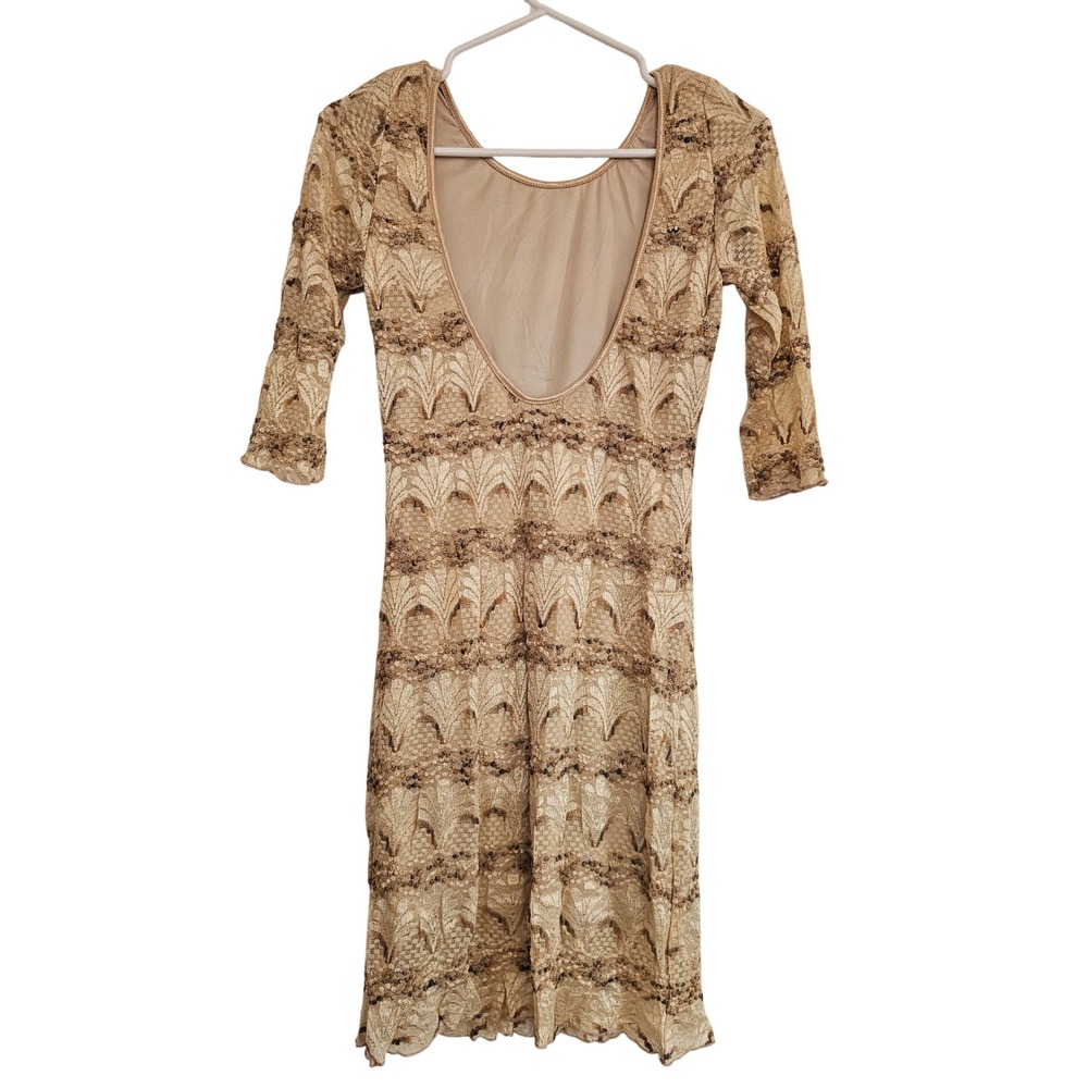 NECESSARY CLOTHING Lace‎ Overlay Sheath Dress Sequins 3/4 Sleeve Backless Beige - Picture 2 of 6